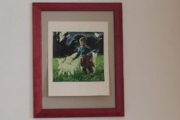 Foto mit rotem Rahmen an Wand von kleinem Bub mit Ziege 